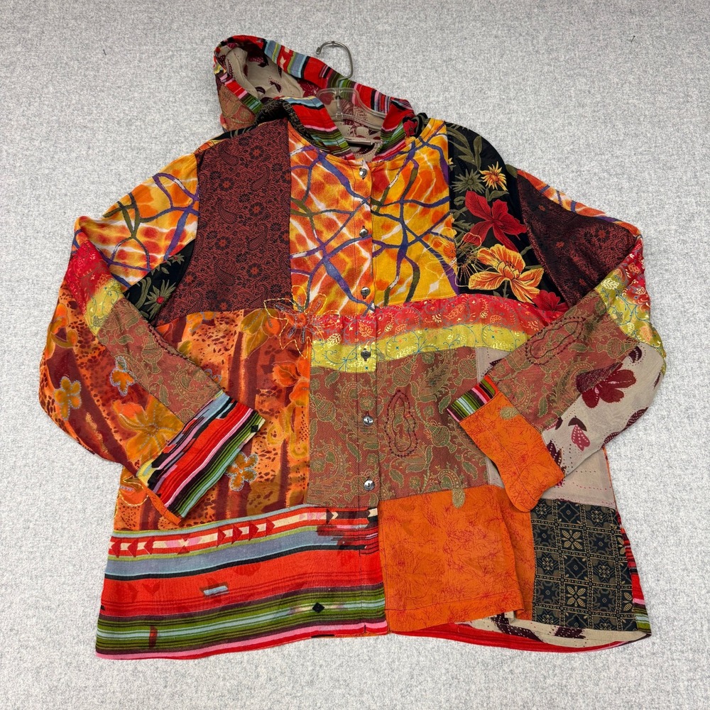 Chico's Design Patchwork Hooded Top Size 2 Multi-Color Silk Blend Mixed Print L